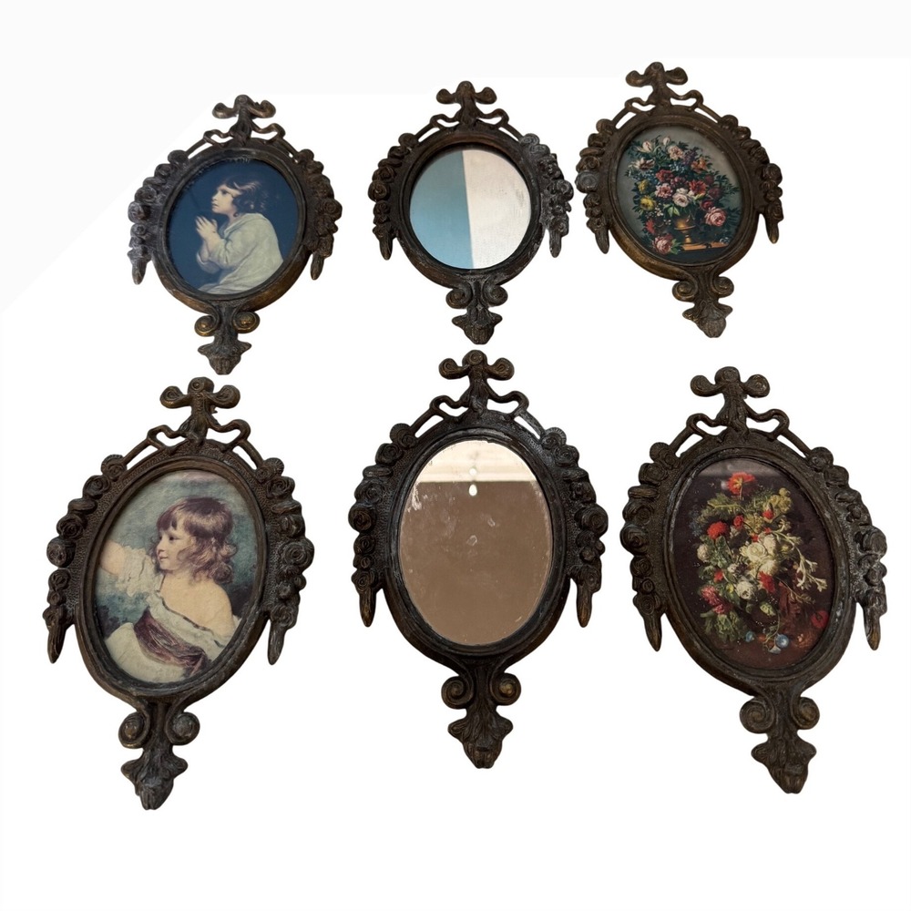 Vintage Ornate 6" Oval Mirror Art Print Frame Set 6pc Bronze Tone Gallery Wall